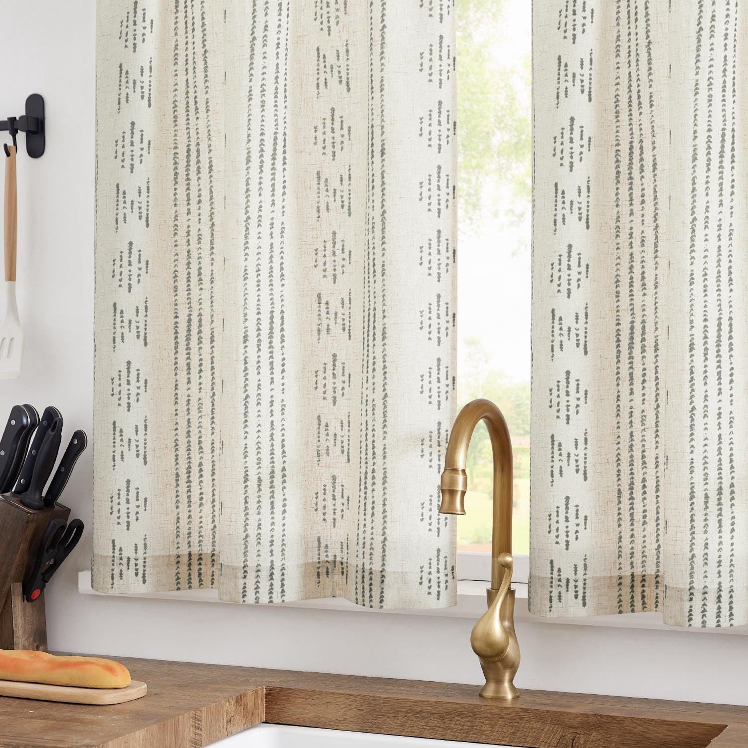 Jinchan Boho Kitchen Curtains Linen Tier Curtains 45 Inches Bohemian Small Cafe Curtains Gray Striped Farmhouse Curtains For Bat
